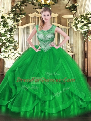Green Ball Gowns Tulle Scoop Sleeveless Beading and Ruffles Floor Length Lace Up Sweet 16 Quinceanera Dress