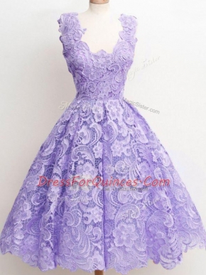 Fashion Lavender Lace Zipper Court Dresses for Sweet 16 Sleeveless Knee Length Lace
