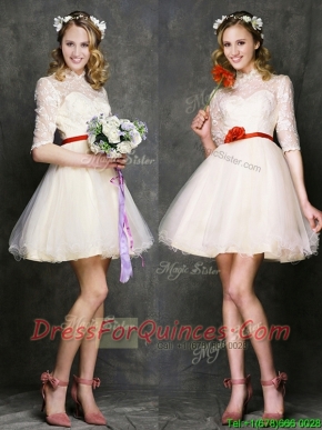See Through High Neck Half Sleeves Short Prom Dresses with Belt