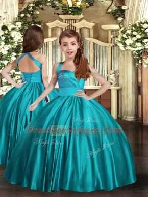 Customized Satin Straps Sleeveless Lace Up Ruching Little Girl Pageant Dress in Teal