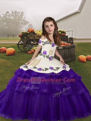 Modern Tulle Straps Sleeveless Lace Up Embroidery and Ruffled Layers Child Pageant Dress in Purple
