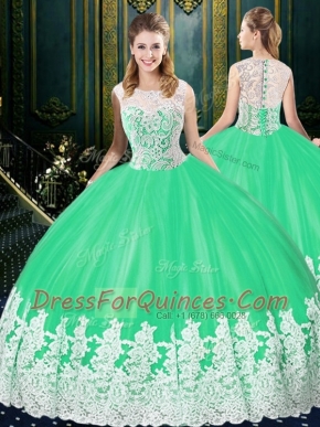 Delicate Scoop Floor Length Zipper Quinceanera Dresses Apple Green for Military Ball and Sweet 16 and Quinceanera with Lace and Appliques