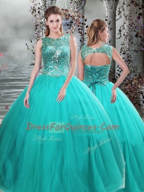 Flare Scoop Sleeveless 15th Birthday Dress Floor Length Beading Turquoise Tulle