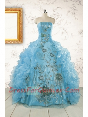 2015 New Style Ruffles Embroidery Strapless Quinceanera Dresses in Baby Blue