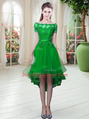 Pretty Off The Shoulder Short Sleeves Party Dress Wholesale High Low Appliques Green Tulle