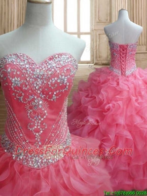 New Style Beaded and Ruffled Quinceanera Dress in Watermelon