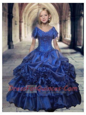 Luxurious Royal Blue V-neck Short Sleeves Beaded Decorate Little Girl Pageant Dress