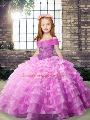 Lilac Ball Gowns Straps Sleeveless Organza Brush Train Lace Up Beading and Ruffled Layers Pageant Gowns For Girls