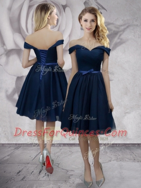 Navy Blue Empire Off The Shoulder Sleeveless Chiffon Knee Length Lace Up Bowknot Evening Dress