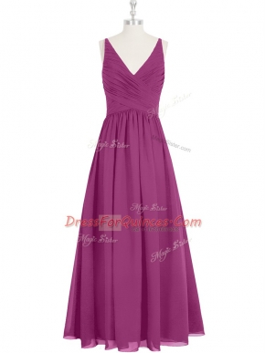 Beauteous Fuchsia Empire V-neck Sleeveless Chiffon Floor Length Zipper Ruching Dress for Prom