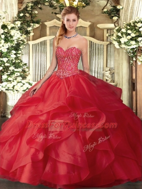 Elegant Sleeveless Floor Length Beading and Ruffles Lace Up Ball Gown Prom Dress with Red