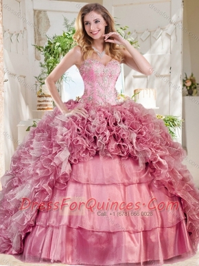 New Style Puffy Skirt Pink Discount Quinceanera Dress with Beading and Ruffles