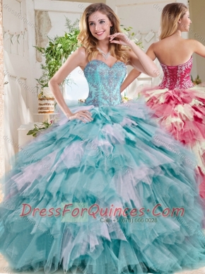 Popular Beaded and Ruffled Big Puffy Cheap Quinceanera Dress in Blue and White