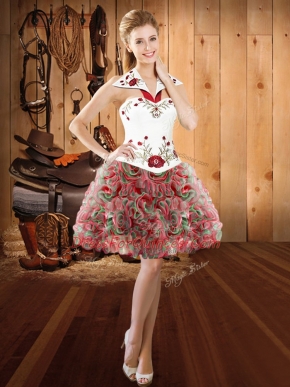Sleeveless Fabric With Rolling Flowers Mini Length Lace Up Prom Dresses in Multi-color with Embroidery
