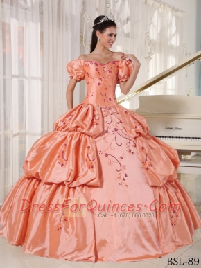 2014 Orange Red Ball Gown Off The Shoulder Floor-length Cheap Quinceanera Dresses