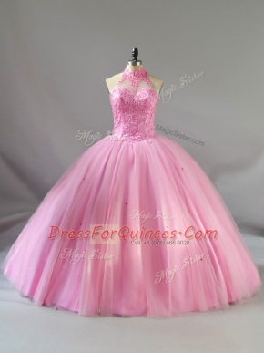 Stylish Tulle Halter Top Sleeveless Lace Up Beading Sweet 16 Quinceanera Dress in Baby Pink