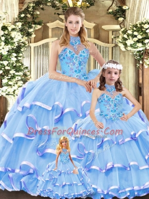 Blue Sleeveless Organza Lace Up Quinceanera Gown for Military Ball and Sweet 16 and Quinceanera