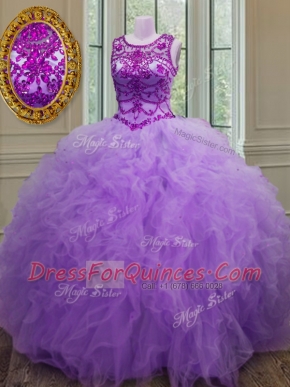 Scoop Lavender Sleeveless Tulle Lace Up Quinceanera Dress for Military Ball and Sweet 16 and Quinceanera
