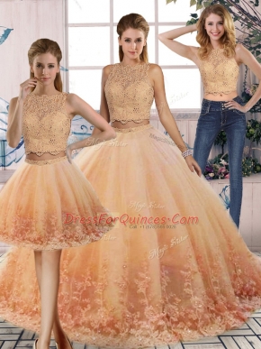 Captivating Peach Quince Ball Gowns Military Ball and Sweet 16 and Quinceanera with Lace Scalloped Sleeveless Sweep Train Backless