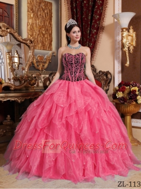 Elegant Coral Red and Black Sweetheart Embroidery Quinceanera Dress with Beading