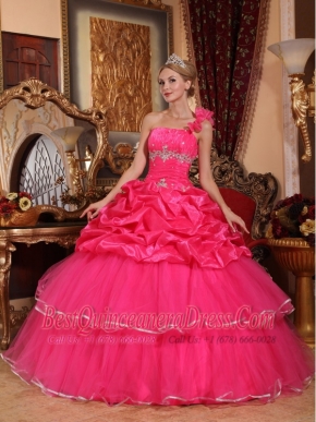 Coral Red Ball Gown One Shoulder Floor-length Organza   Beading and Pick-ups Quinceanera Dress