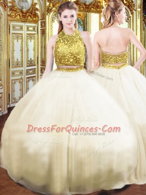 Deluxe Champagne Zipper Ball Gown Prom Dress Beading Sleeveless Floor Length