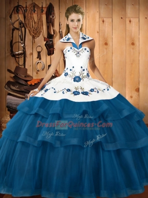 Modest Halter Top Sleeveless Organza Sweet 16 Quinceanera Dress Embroidery and Ruffled Layers Sweep Train Lace Up