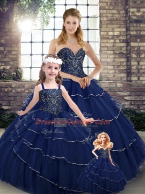 Sleeveless Beading and Ruffled Layers Lace Up Quinceanera Dress with Navy Blue Brush Train