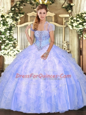 Elegant Sleeveless Floor Length Appliques and Ruffles Lace Up Sweet 16 Quinceanera Dress with Light Blue