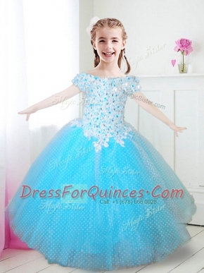 Tulle Off The Shoulder Cap Sleeves Zipper Beading and Appliques Flower Girl Dresses in Aqua Blue