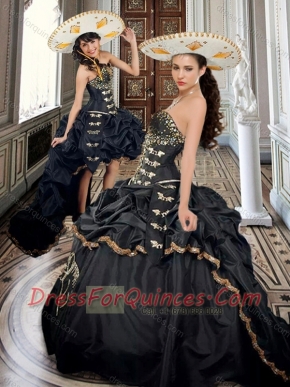 Two For One Taffeta Beaded and Applique Black 15th Birthday Dress with Brush Train
