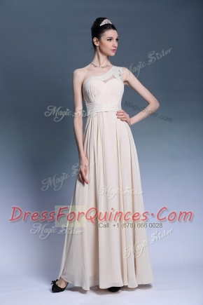 One Shoulder Sleeveless Chiffon Floor Length Side Zipper Prom Evening Gown in Champagne with Beading and Ruching