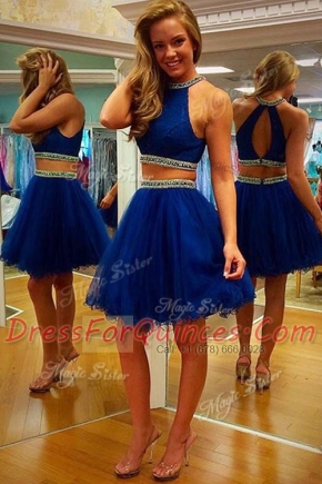 Lovely Royal Blue Halter Top Zipper Beading and Belt Sleeveless
