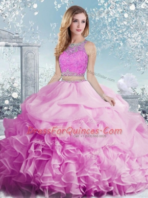 New Style Sleeveless Organza Floor Length Clasp Handle 15th Birthday Dress in Lilac with Beading and Ruffles and Pick Ups