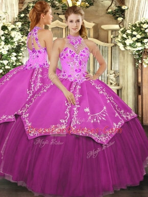 Customized Halter Top Sleeveless Lace Up 15th Birthday Dress Fuchsia Satin and Tulle