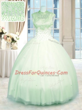 Beauteous Apple Green Tulle Zipper High-neck Sleeveless Floor Length Ball Gown Prom Dress Beading
