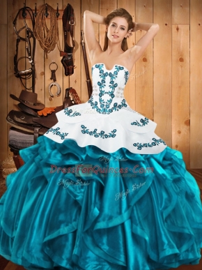 Teal Sleeveless Embroidery and Ruffles Floor Length Quinceanera Gowns