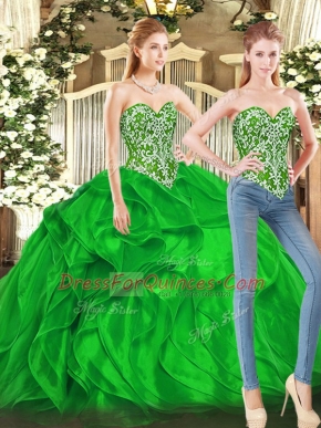 Suitable Floor Length Lace Up 15th Birthday Dress Green for Military Ball and Sweet 16 and Quinceanera with Beading and Ruffles
