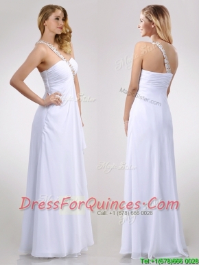 Sexy Empire Chiffon Beaded Side Zipper White Prom Dress with One Shoulder