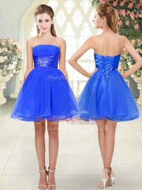 Blue Strapless Neckline Beading Evening Dress Sleeveless Lace Up