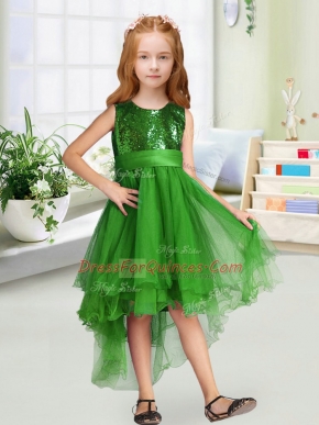 Admirable Scoop Sleeveless Flower Girl Dresses High Low Sequins and Bowknot Green Organza