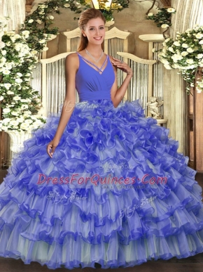 Decent Lavender Ball Gowns Ruffled Layers Ball Gown Prom Dress Backless Organza Sleeveless Floor Length