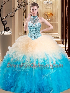 Multi-color Halter Top Neckline Beading and Ruffles 15th Birthday Dress Sleeveless Lace Up