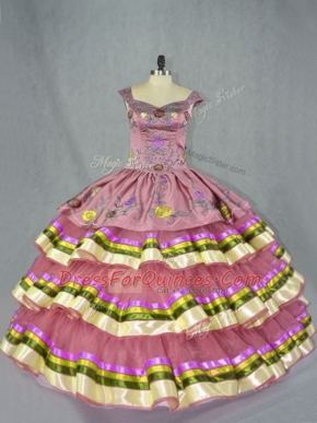 Dynamic Pink Quinceanera Dresses Sweet 16 and Quinceanera with Embroidery and Ruffled Layers Straps Sleeveless Lace Up
