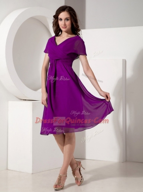 Charming Ruching Eggplant Purple Zipper Short Sleeves Knee Length