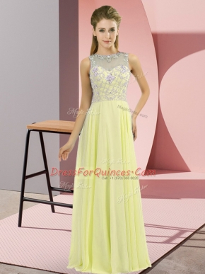 Floor Length Yellow Prom Dresses Chiffon Sleeveless Beading