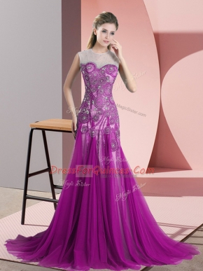 Purple Backless Scoop Beading and Appliques Homecoming Dress Tulle Sleeveless Sweep Train