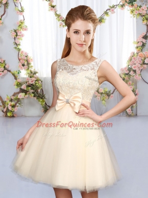 Luxury Sleeveless Tulle Mini Length Lace Up Quinceanera Court of Honor Dress in Champagne with Lace and Bowknot