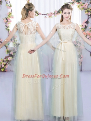 Tulle Sleeveless Floor Length Damas Dress and Lace and Bowknot
