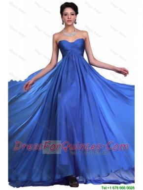 Perfect Sweetheart Ruched Blue Prom Dresses with Brush Train